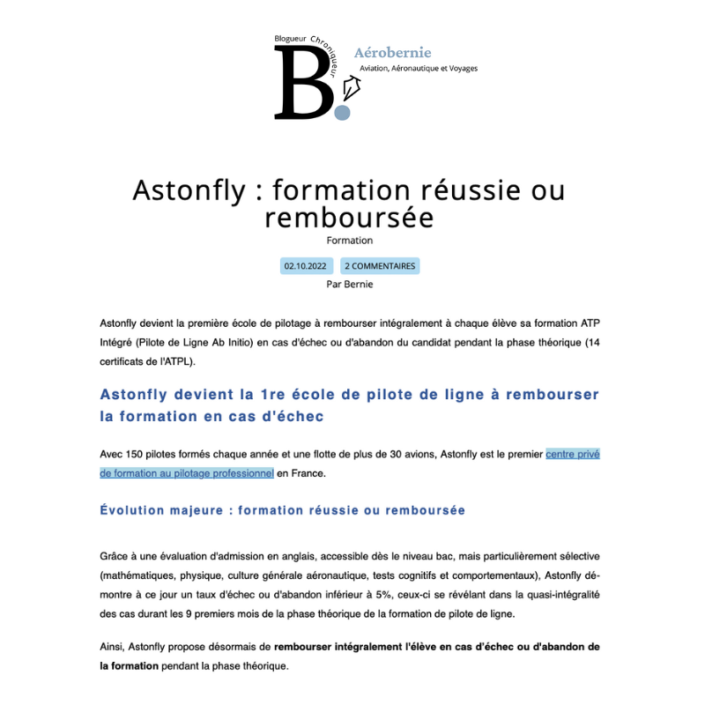 Astonfly : formation réussie ou remboursée